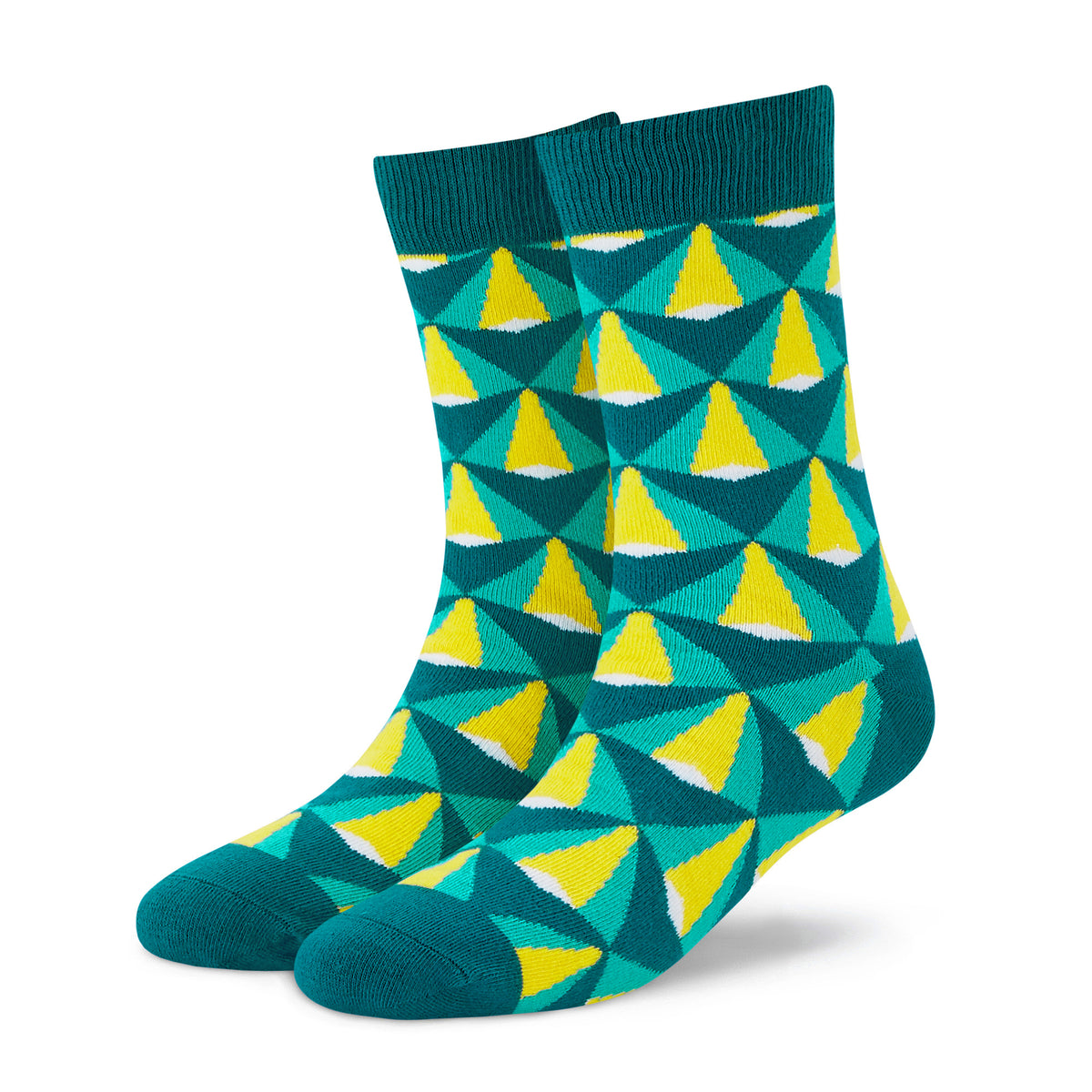 Pair of folded crew socks with teal and yellow Beam geometric pattern