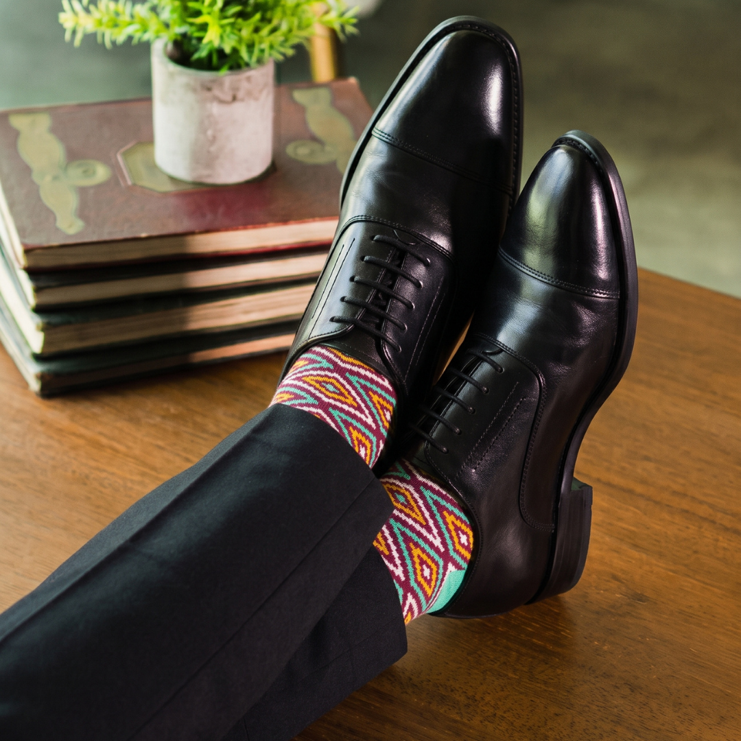Funky Teal, Maroon & Yellow Geometric Crew Socks
