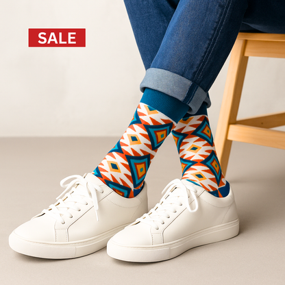 Blue, Orange & White Geometric Crew Dress Socks