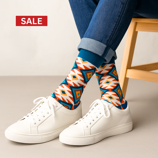 Blue, Orange & White Geometric Crew Dress Socks