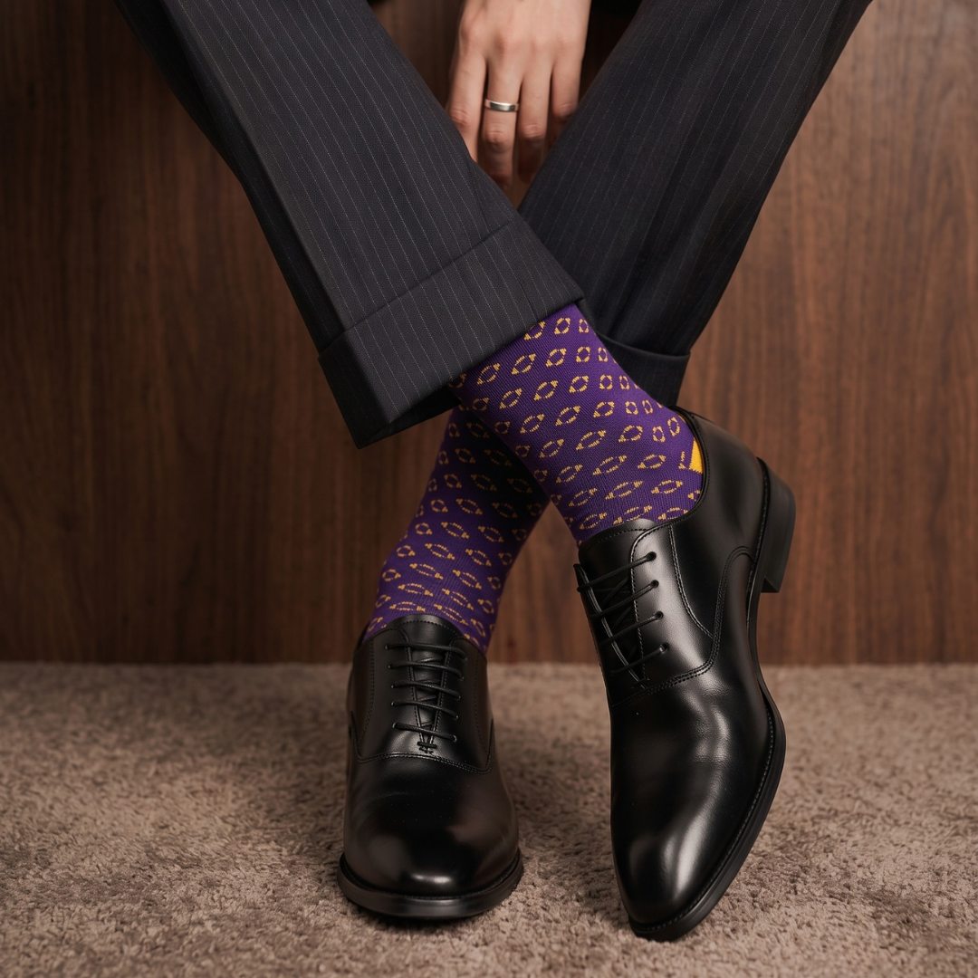 Purple & Mango Pattern crew socks worn with black dress shoes