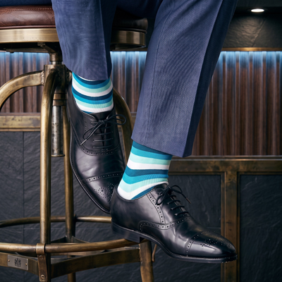 Blue, Teal & White Striped Crew Socks