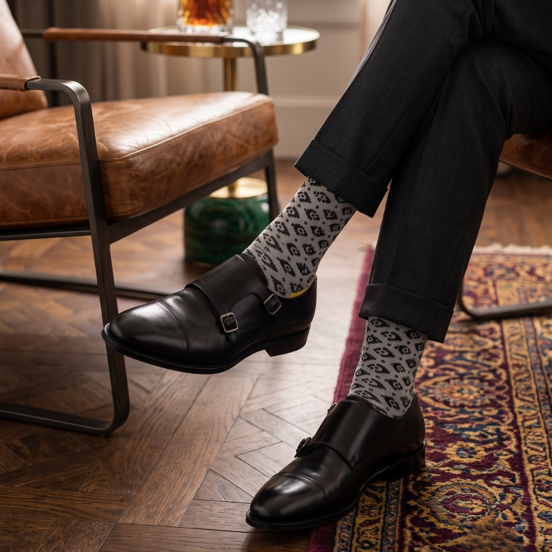 Person sitting with legs crossed, wearing grey Bold Polka Dot socks & black shoes.