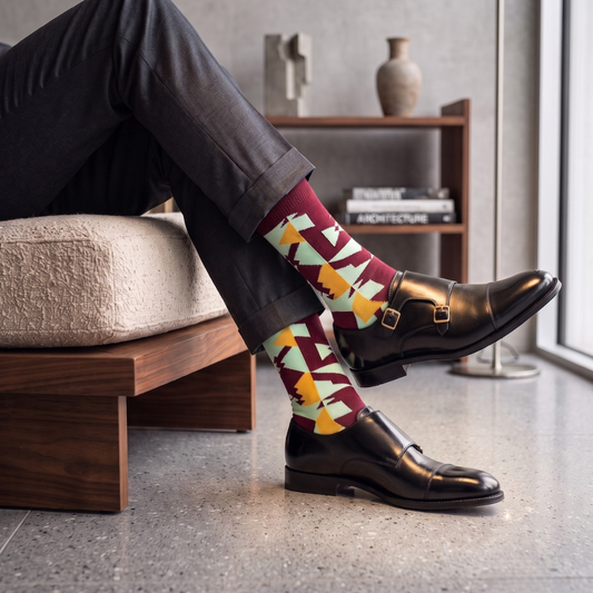 RITZ patterned crew socks worn with cuffed trousers and black shoes