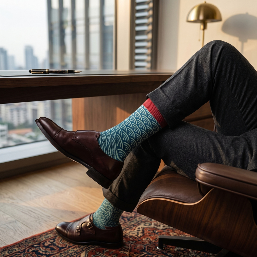Teal & Red Scallop Crew Socks