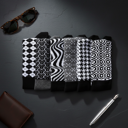 Dynamocks Monochrome Gift Box: Premium Black & White Pattern Socks (Pack of 6)