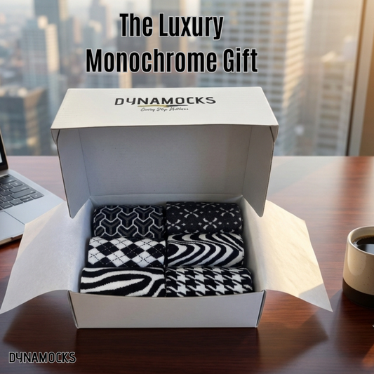 Dynamocks Monochrome Gift Box: Premium Black & White Pattern Socks (Pack of 6)