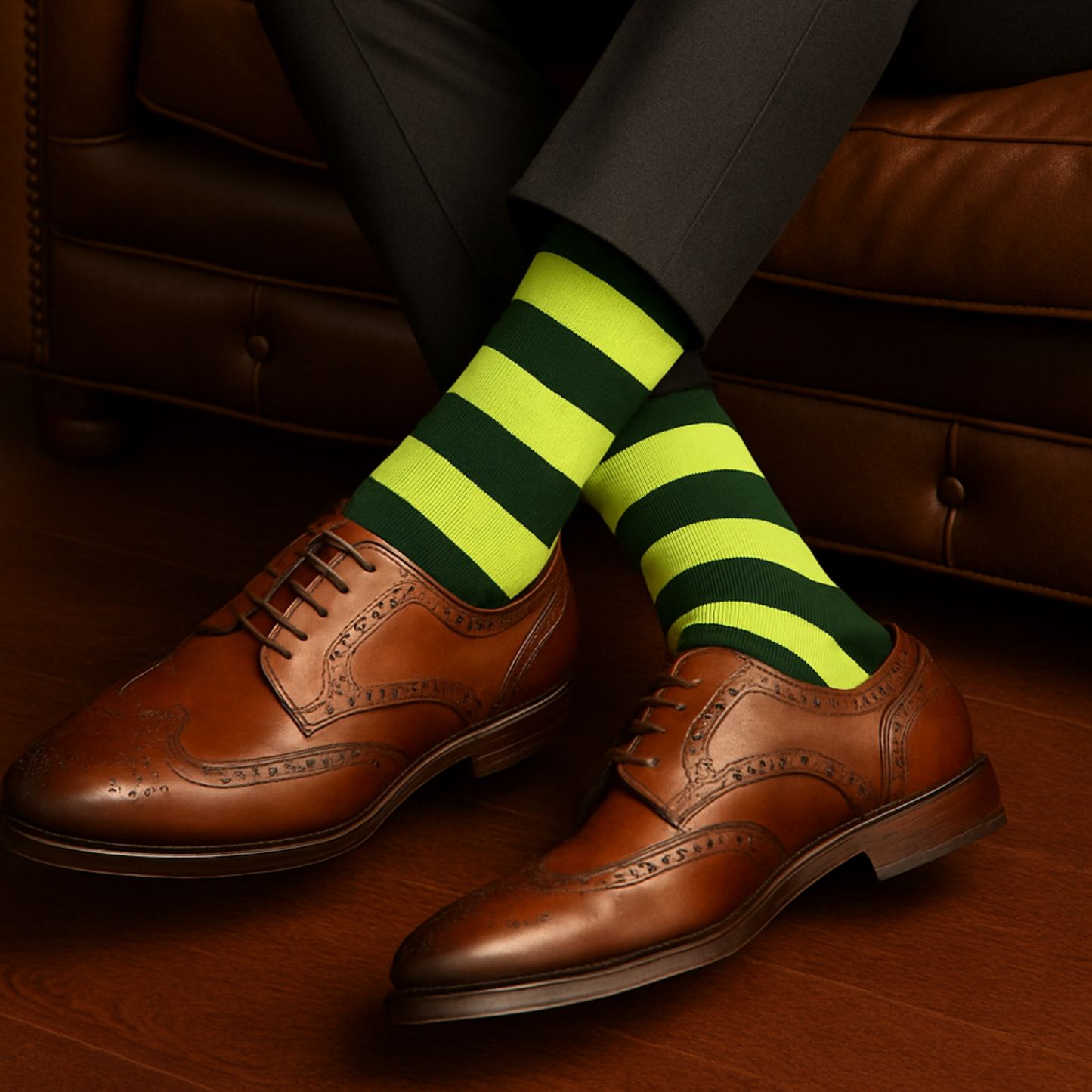 Olive Green Cotton Crew Socks: Bold Stripes 1.0 Crew Length Socks