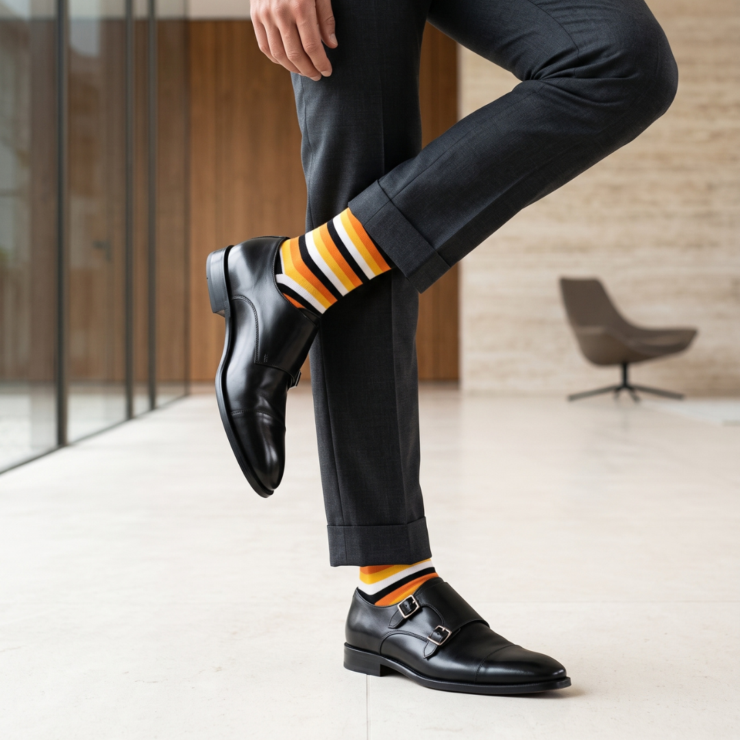 Orange, Black, White & Yellow Striped Crew Socks