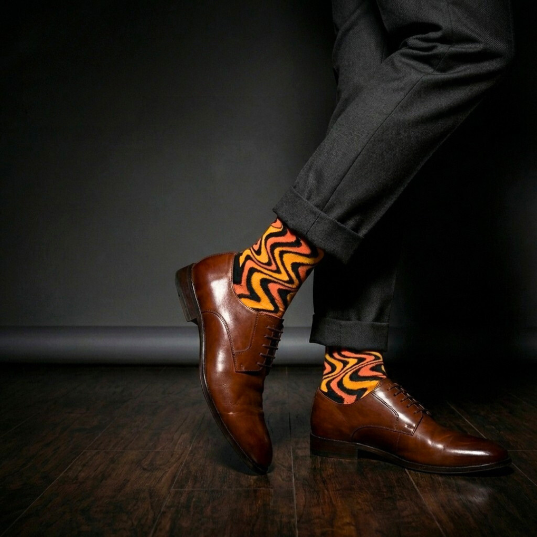 Sizzle socks in orange & yellow, worn with brown shoes & cuffed trousers.