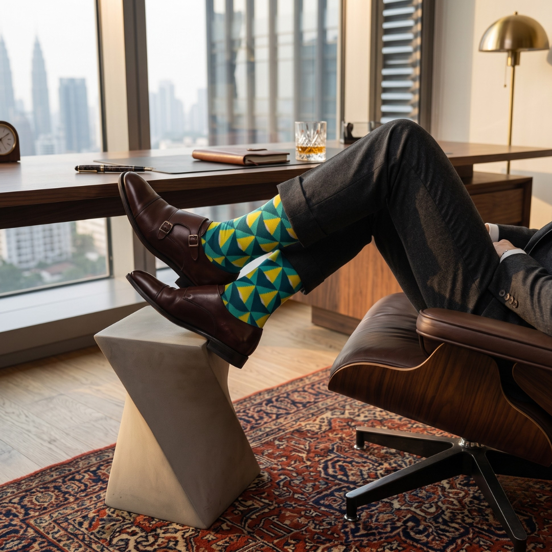 Beam pattern socks worn with brown shoes & dark trousers