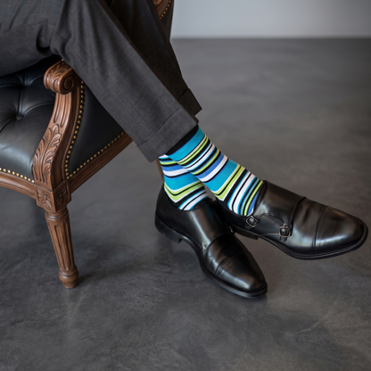 Turquoise, Neon Green & Blue Striped Crew Socks