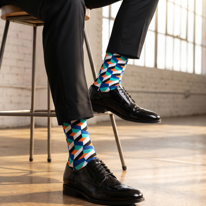 Person wearing CUBE socks with black dress shoes, seated on a stool.