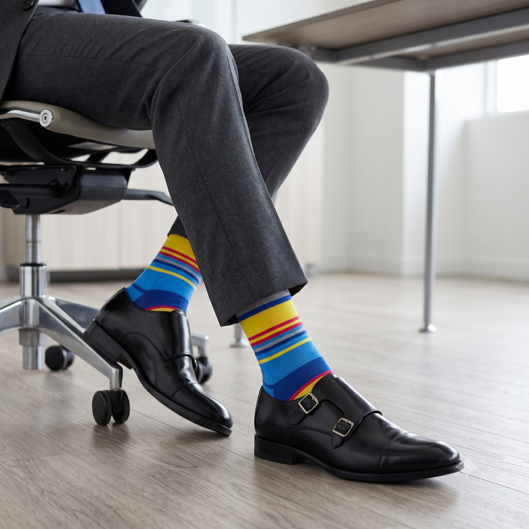 Stripes 5.0 crew socks worn with dress shoes in an office setting