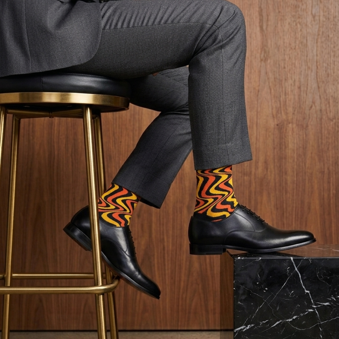 Orange & Yellow SIZZLE socks worn with black shoes, foot on marble block