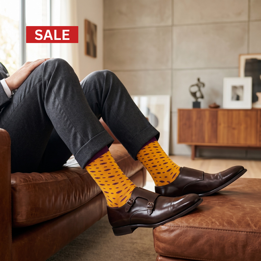 A person sitting on a brown leather couch wearing bright yellow patterned dress socks with dark brown leather loafers, in a modern living room setting. A red 'SALE' banner is visible in the top left corner.