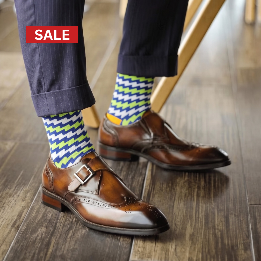 Neon Green, Blue & White Zigzag Crew Socks