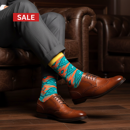 Turquoise Orange Geometric Crew Dress Socks for Men & Women