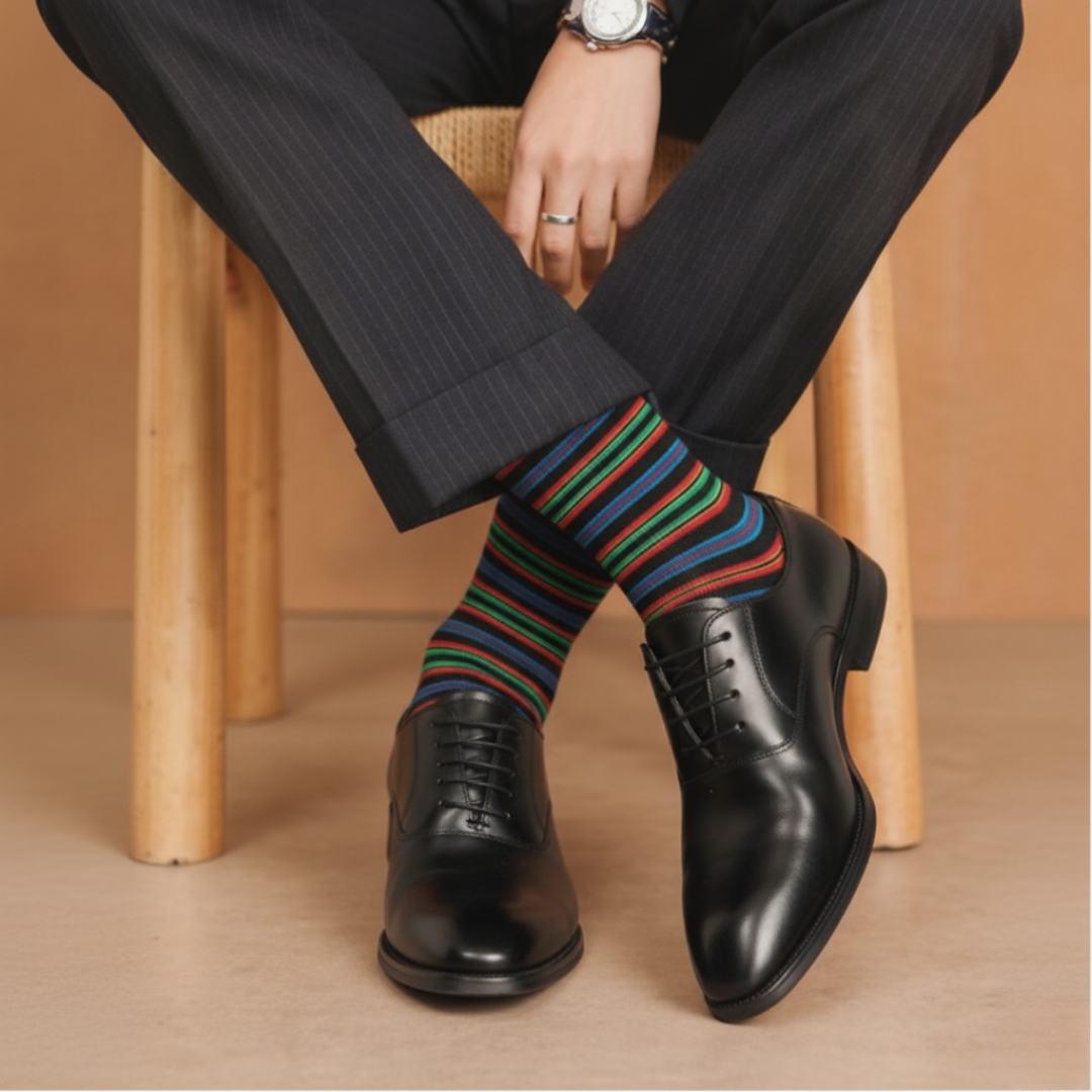 Stripes 24.0 - Neon Striped Black Crew Socks - Premium Vibrant Designer Socks