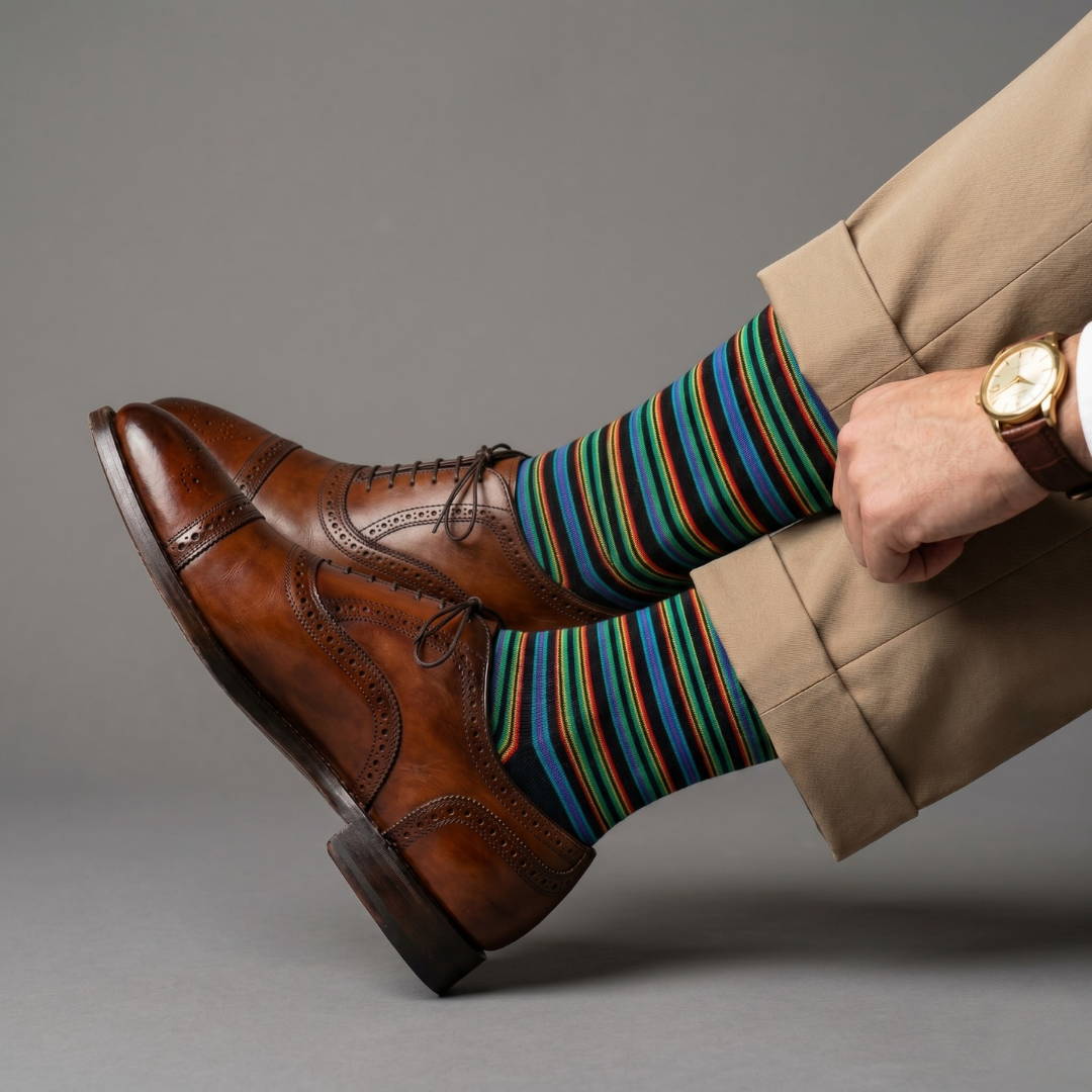 Stripes 24.0 - Neon Striped Black Crew Socks - Premium Vibrant Designer Socks