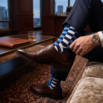 Navy, White & Blue Checkerboard Crew Socks