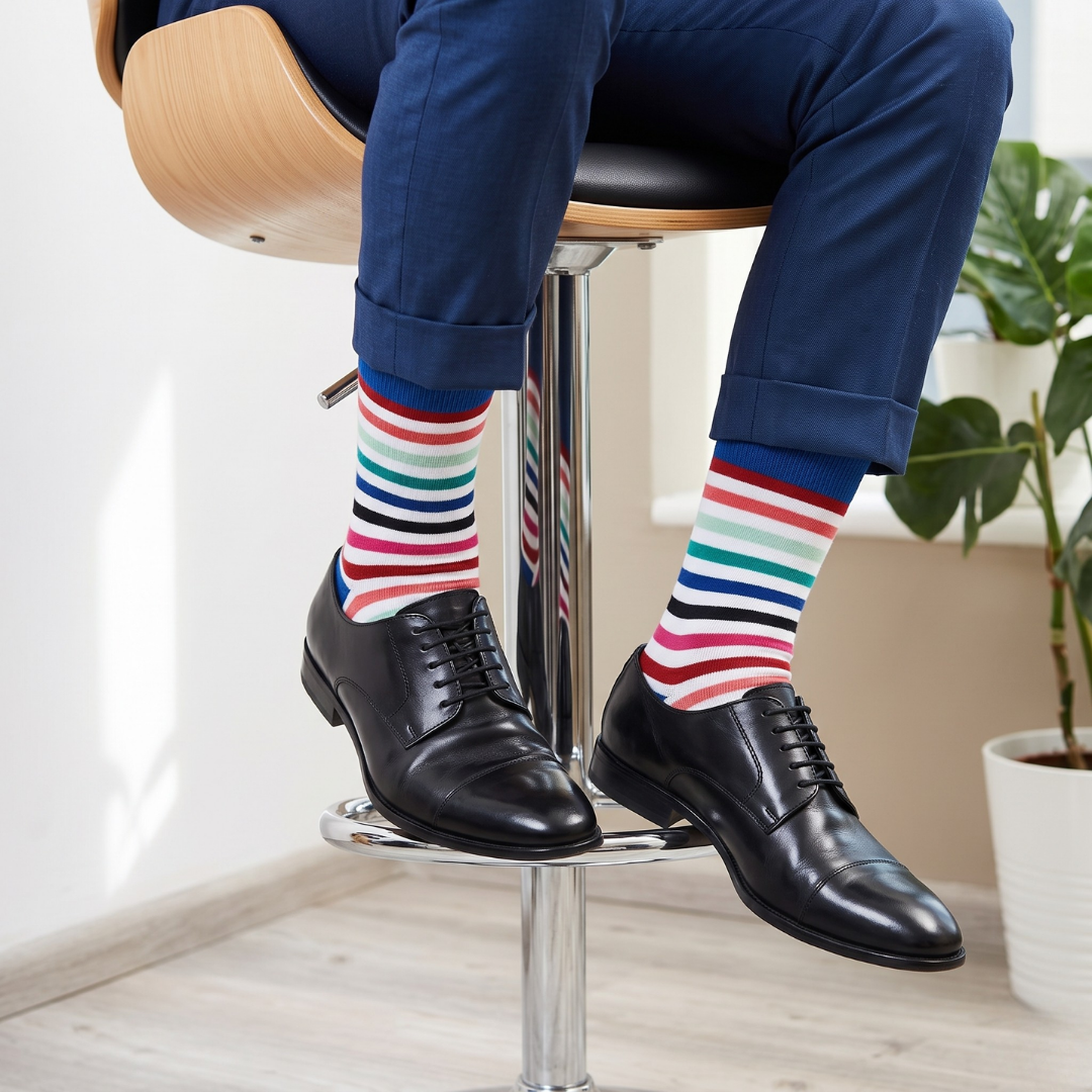 Dynamocks Blue, White & Red Striped Cotton Crew Socks – Stripes 19.0