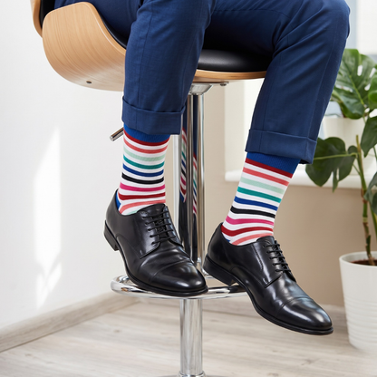 Dynamocks Blue, White & Red Striped Cotton Crew Socks – Stripes 19.0