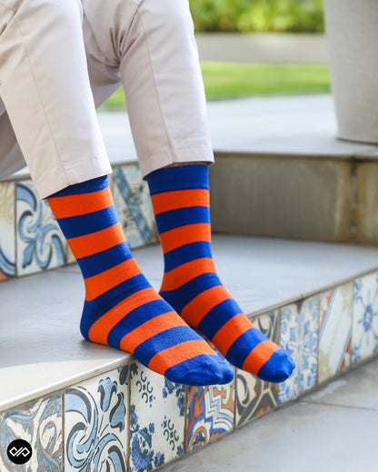 Orange & Blue Cotton Crew Socks: Bold Stripes 4.0 Crew Length Socks