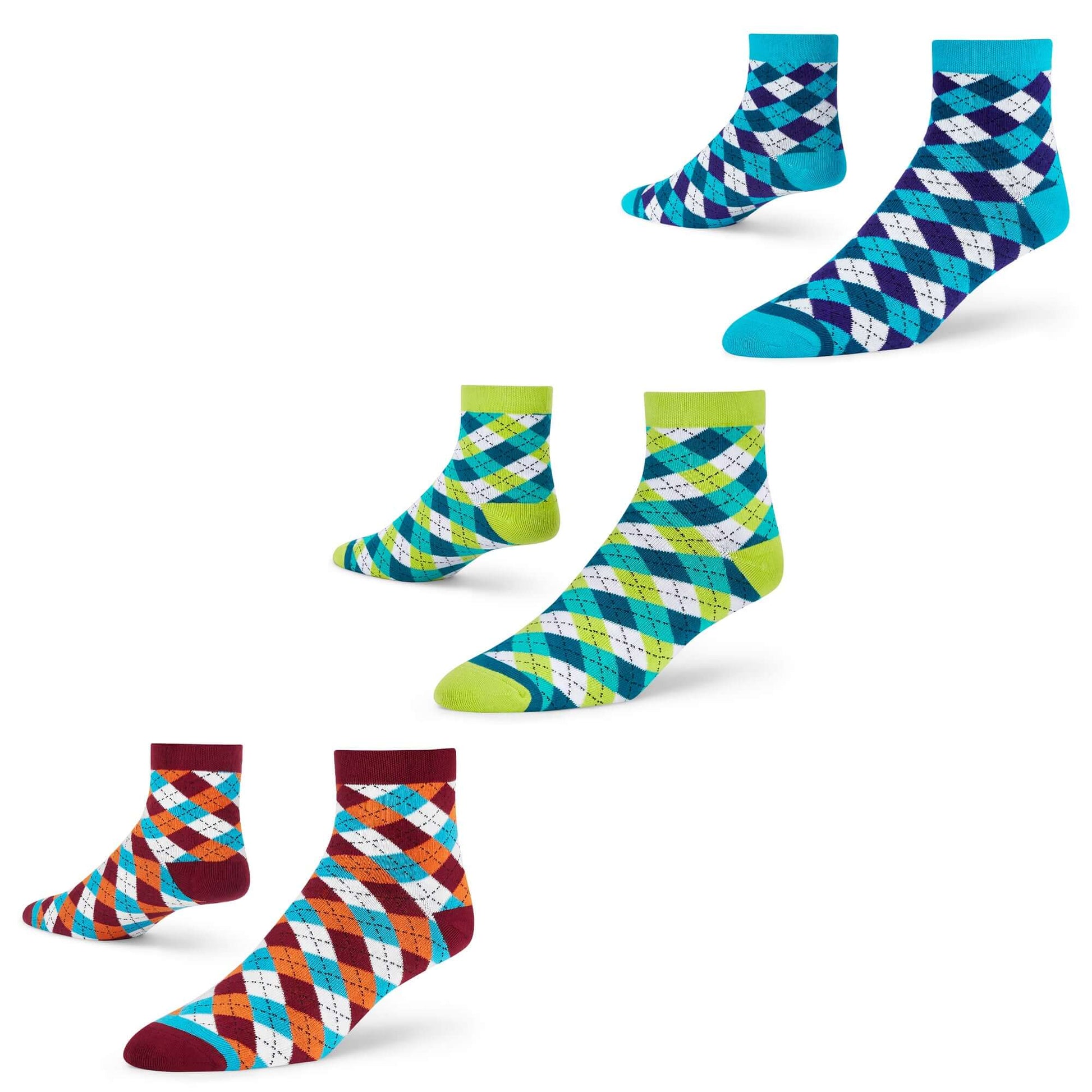 Cotton ankle socks in dandy aqua, neon, and maroon colors.