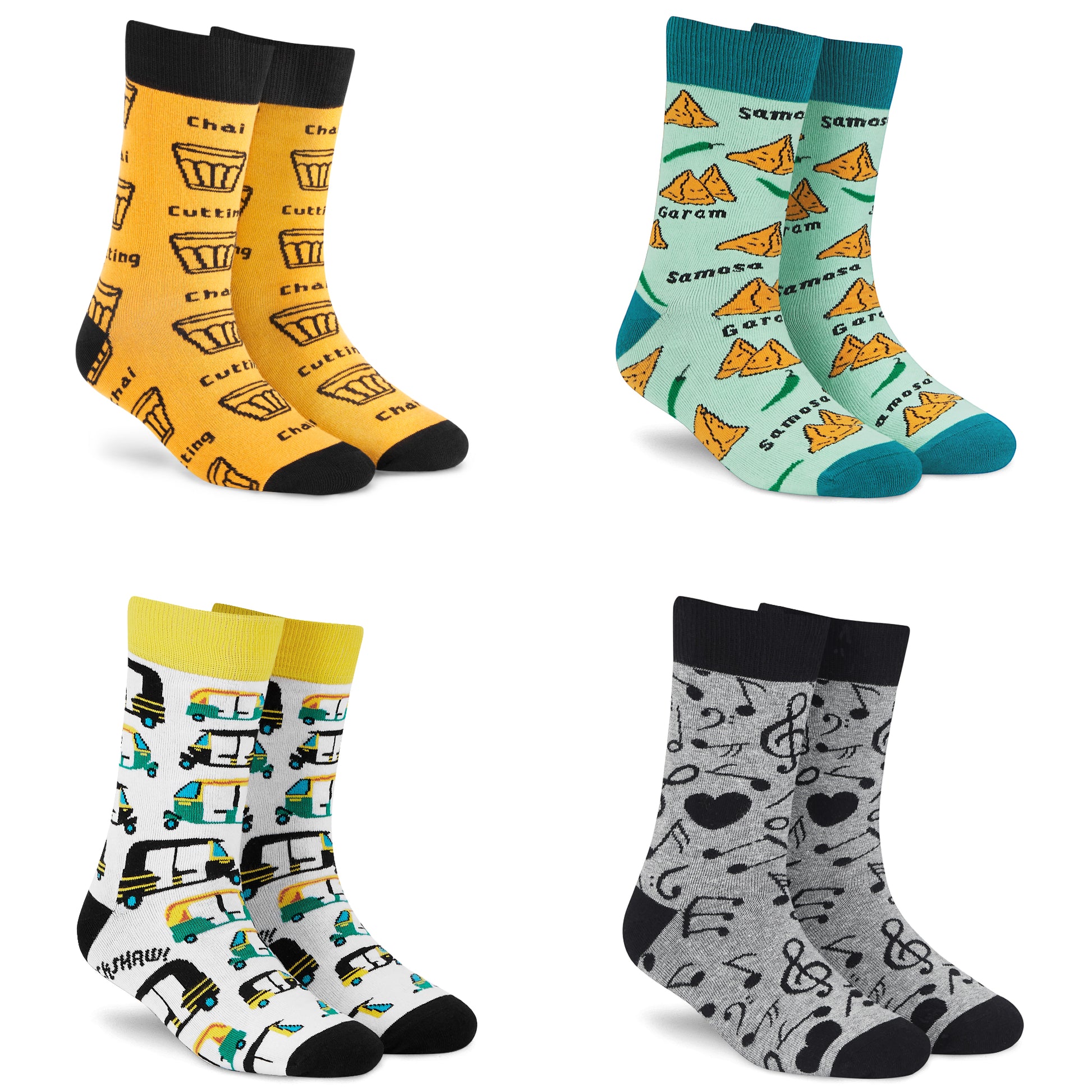 Cotton Crew Socks Combo: Chai, Rickshaw, Samosa & Music