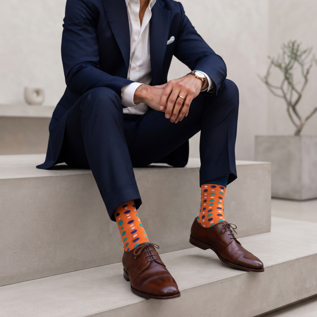 A man in a navy blue suit and white dress shirt sits on concrete steps, wearing bright orange crew socks with a blue and red pattern and brown leather oxford shoes.