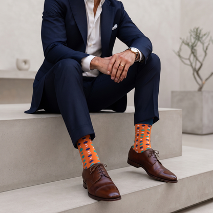 A man in a navy blue suit and white dress shirt sits on concrete steps, wearing bright orange crew socks with a blue and red pattern and brown leather oxford shoes.