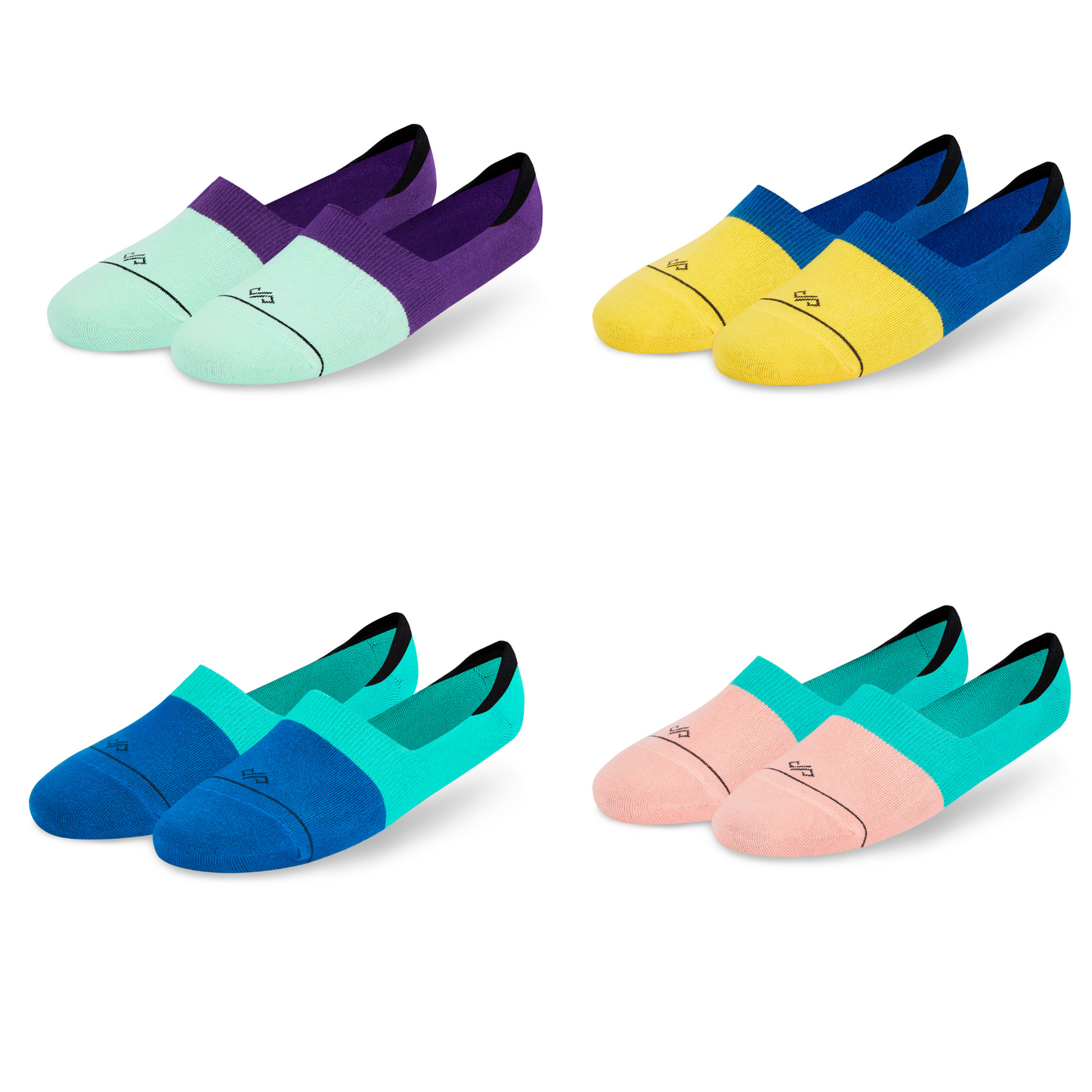 Dual Solid Invisibles Pack of 4 Mint/Purple+Yellow/Teal Blue+Teal Blue/Turquoise+Peach/Turquoise