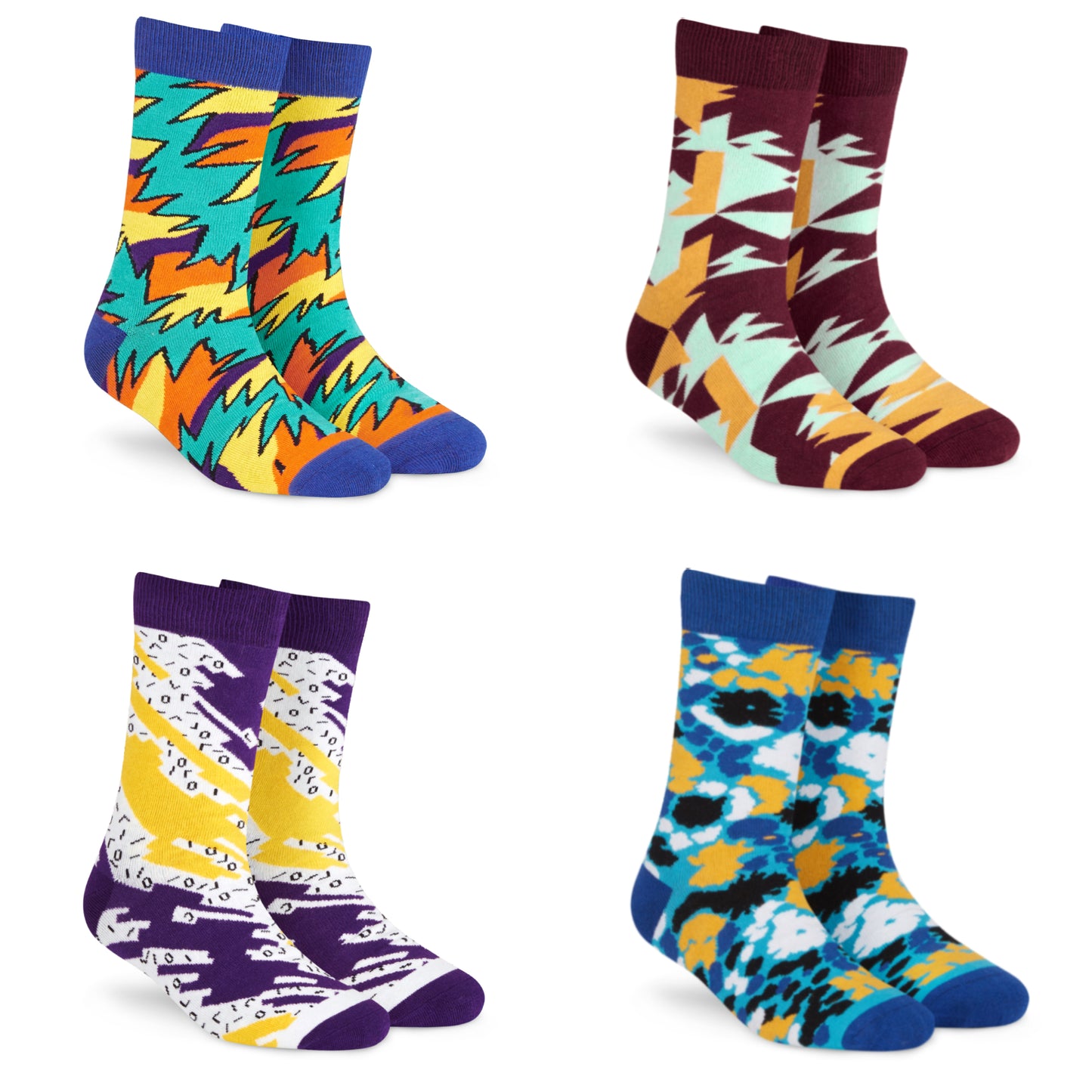 Cotton Crew Socks Combo Of Unique Colorful Designs Like Spark, Ritz, Techno, Burst