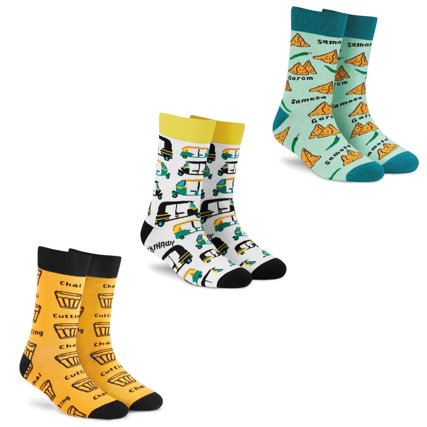 Cotton Crew Socks Combo: Samosa, Rickshaw, Chai